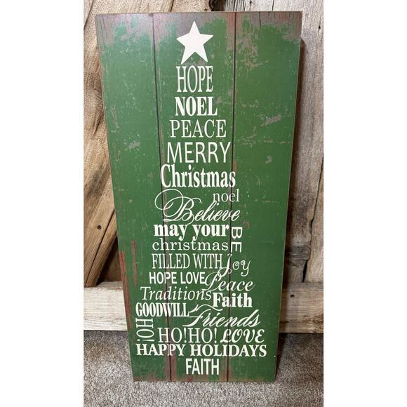 Michaels Christmas Tree Word Graphic Green Rustic Wood Wall Hanging 11” X 25” - Picture 1 of 8